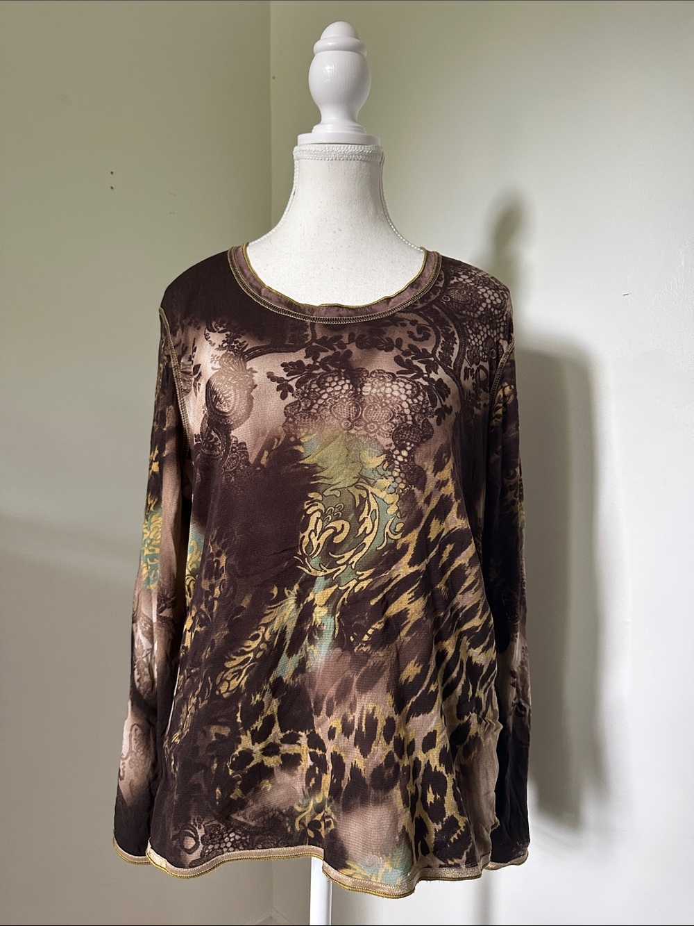 LUISA CERANO Mixed Print Animal Floral Paisley Y2K Luxury Long Sleeve Sz 14